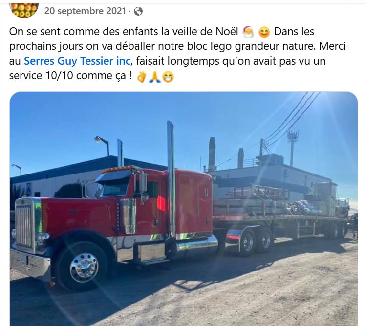 Publication Facebook de septembre 2021 : livraison des structures de serres