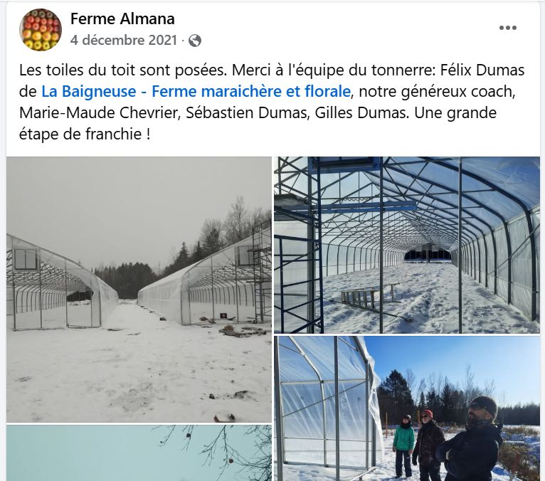 Publication Facebook de décembre 2021 : pose des toiles de toit des serres