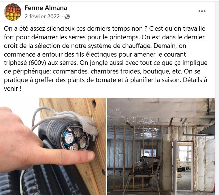 Publication Facebook de février 2022 : préparation du chauffage et de l'électricité des serres