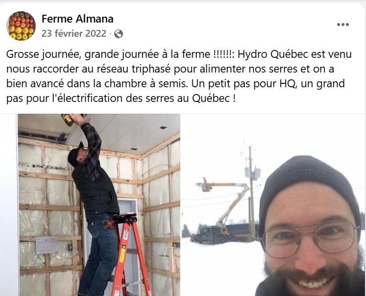 Publication Facebook de février 2022 : raccordement au réseau triphasé par Hydro-Québec