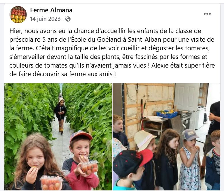Publication Facebook de juin 2023 : visite de la classe de préscolaire de l'École du Goéland