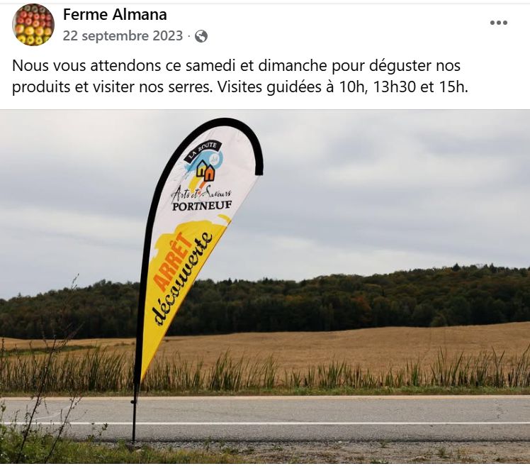 Publication Facebook de septembre 2023 : visites guidées sur la Route Arts et Saveurs de Portneuf
