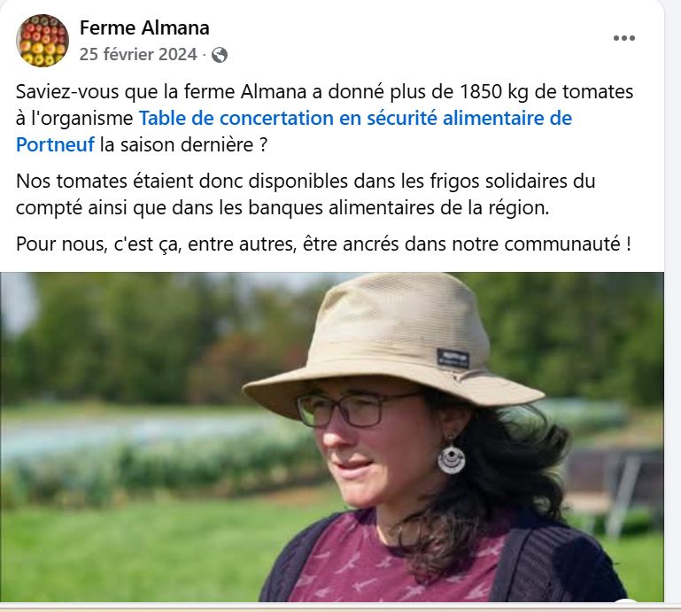 Publication Facebook de février 2024 : don de plus de 1850 kg de tomates